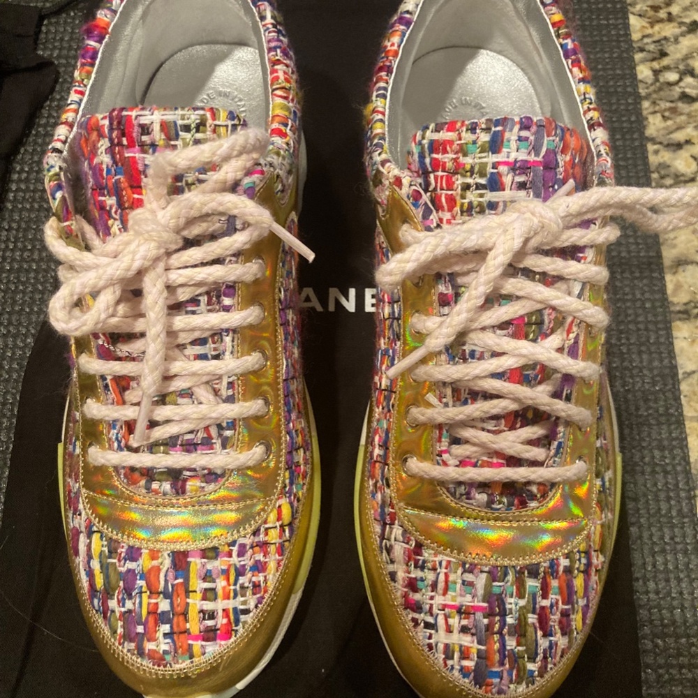 CHANEL Multicolor Tweed Trims Gold Authentic Runway Lace up Sneakers Size 36 - Picture 2 of 8
